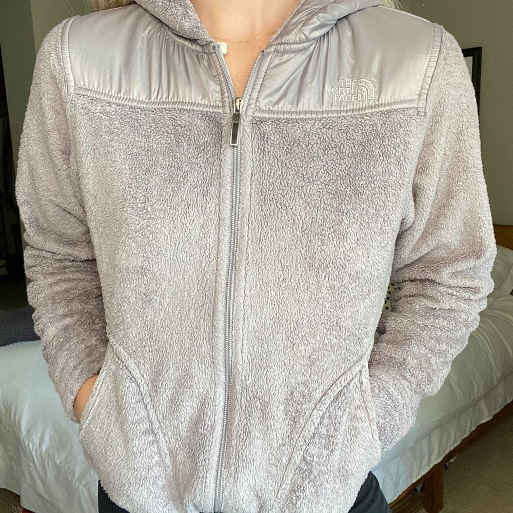north face grey fuzzy zip up jacket